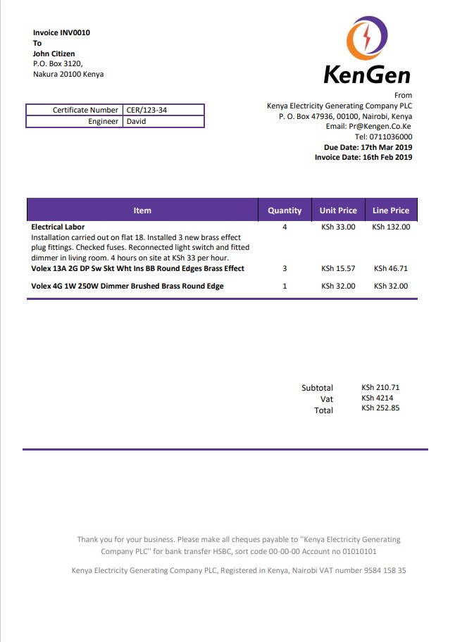 Kenya KenGen Electricity Generating Company utility bill template in Word and PDF format